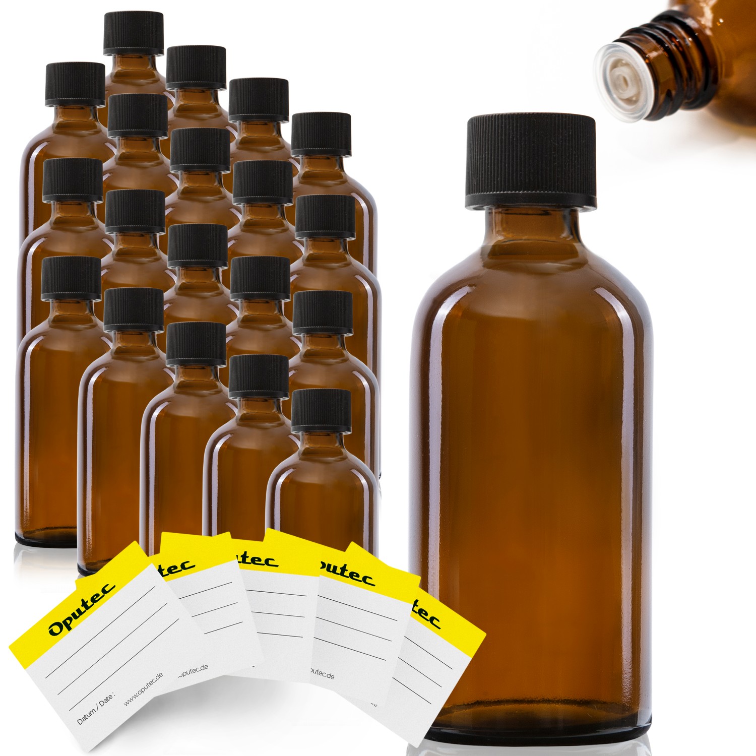 20x 100ml Tropfflasche aus Braunglas mit Tröpflereinsatz, schwarzer Deckel