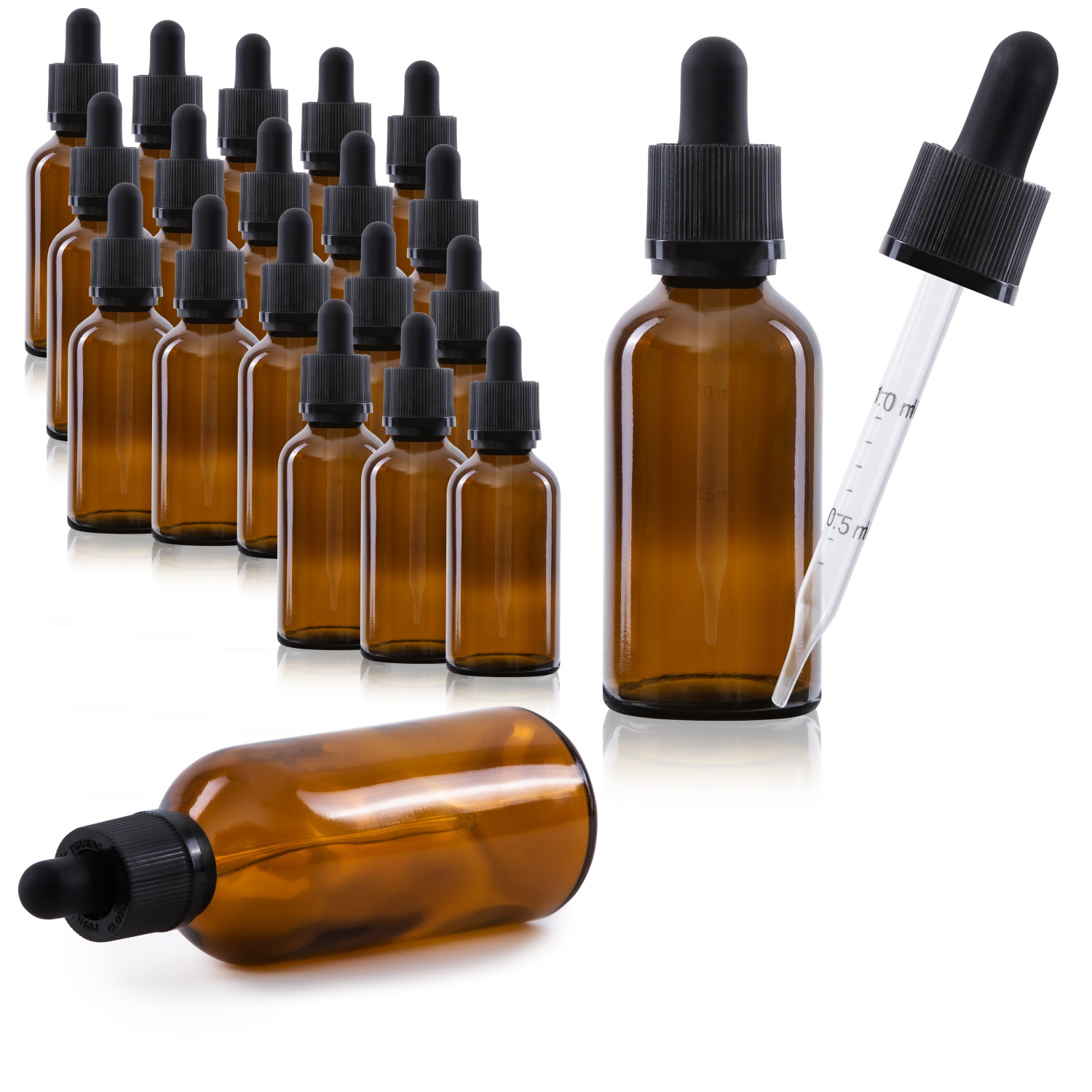 PipetteFlasche_Braun_50ml_20er_Hauptfoto_Ohne_Etikett 105x 50ml Pipetten-Flasche mit Glaspipette, Braunglas, schwarzer Deckel