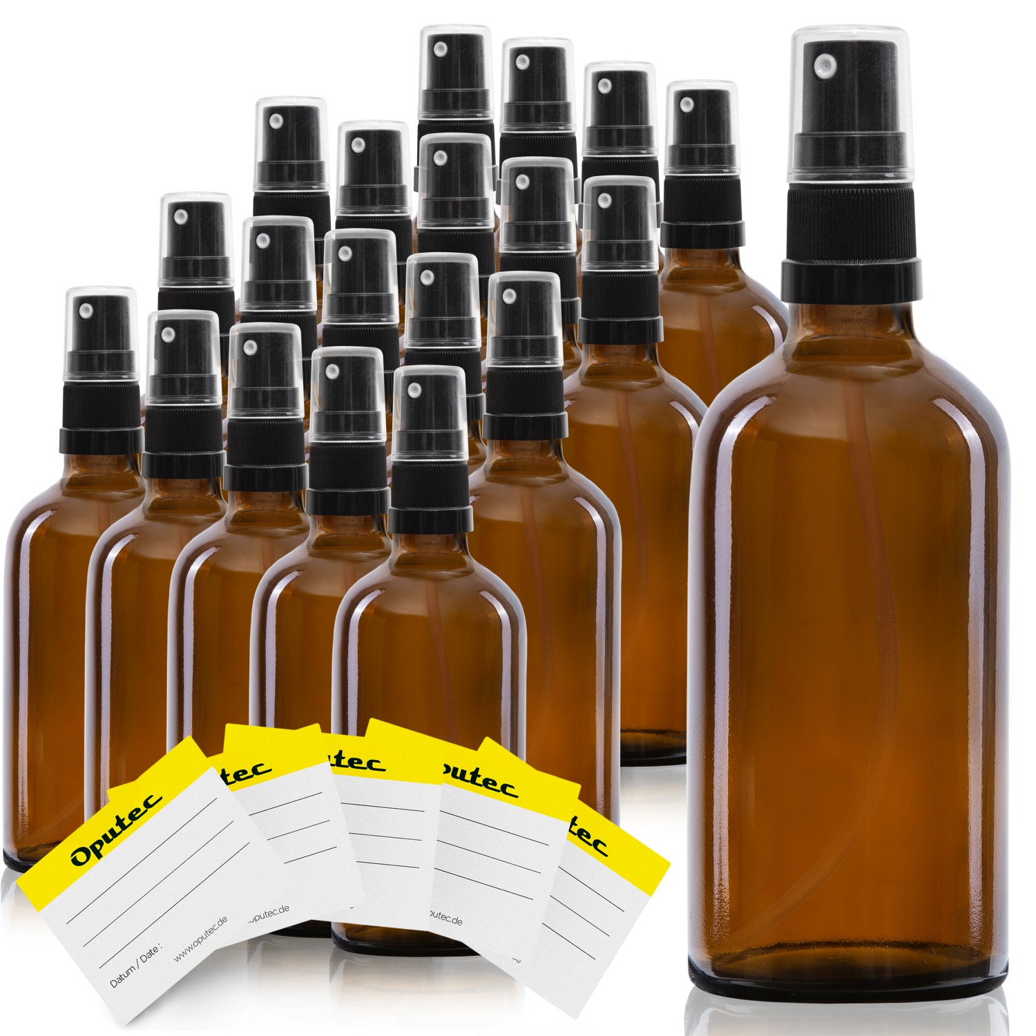 20x 100ml Sprühflasche aus Braunglas mit schwarzem Sprühaufsatz, inkl. Etiketten