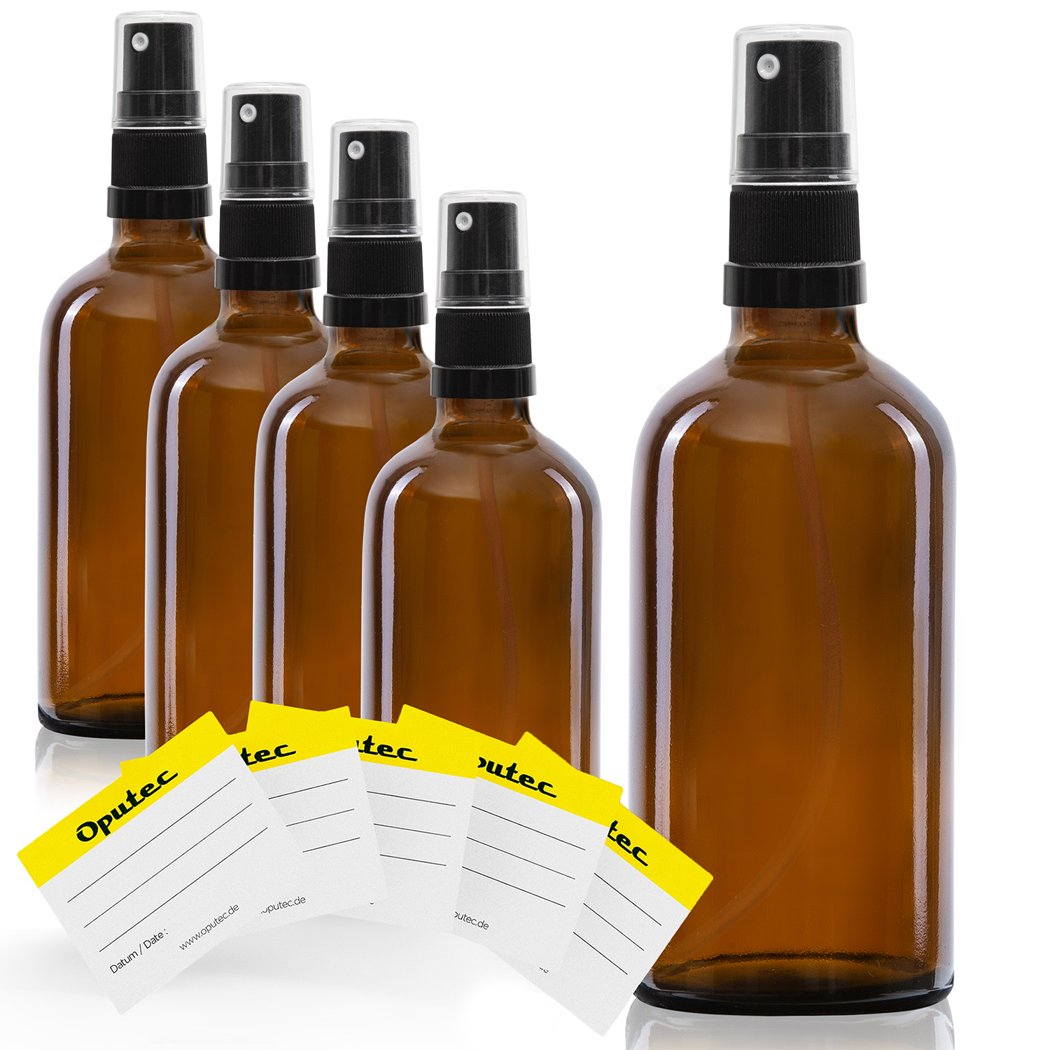 5x 100ml Sprühflasche aus Braunglas mit schwarzem Sprühaufsatz, inkl. Etiketten