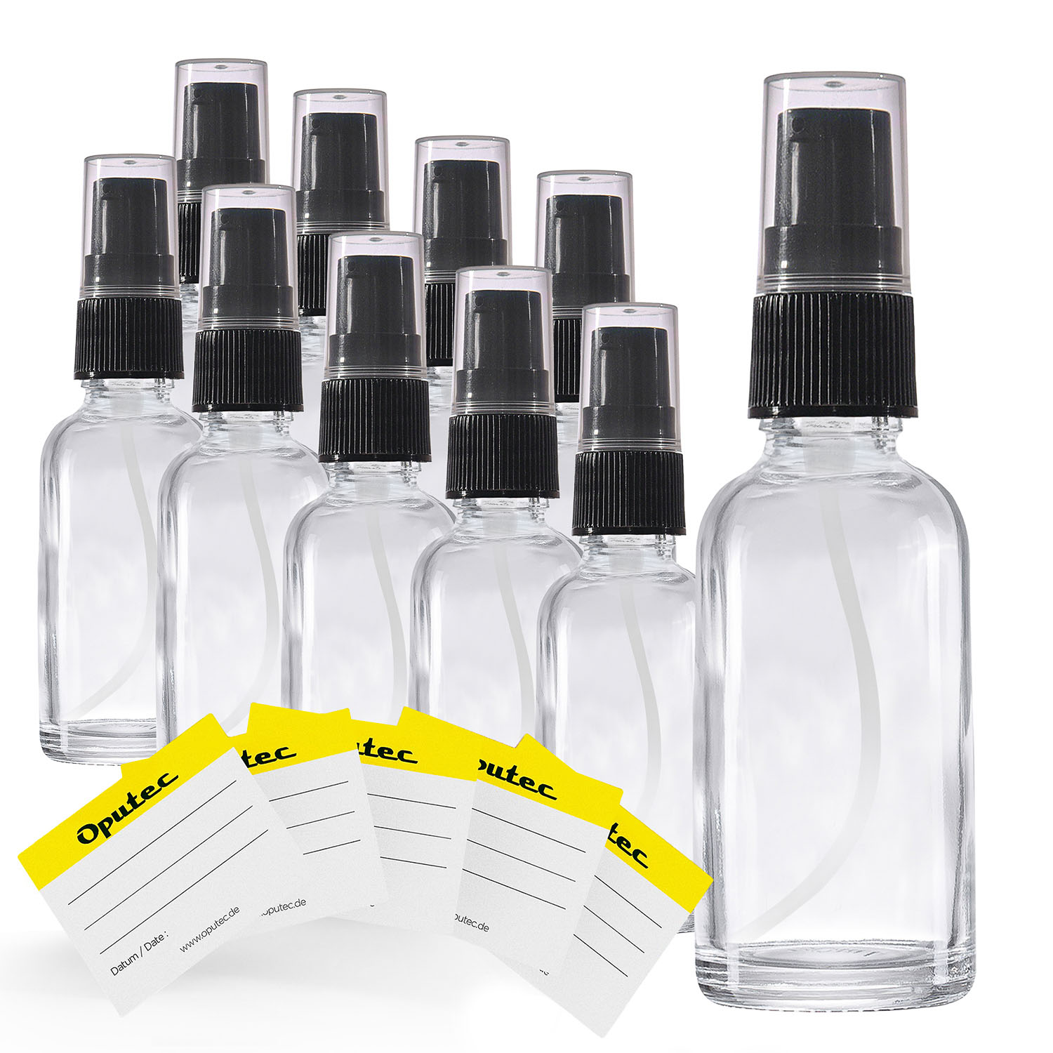 10x 30ml Pumpspender Pumpflasche aus Klarglas, Cremspender mit schwarzem Pumpkopf, inkl. Etiketten