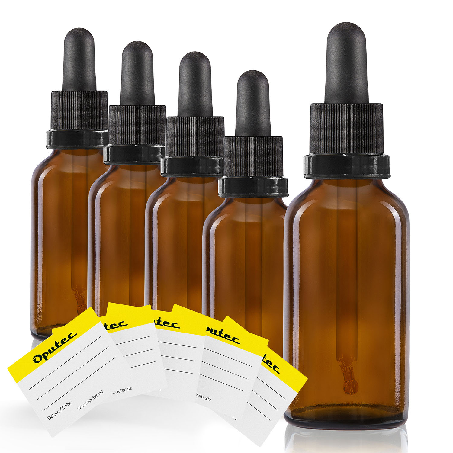5x 30 ml Pipettenflaschen, Braunglas, mit Kugelspitze-Glaspipette und schwarzem Deckel