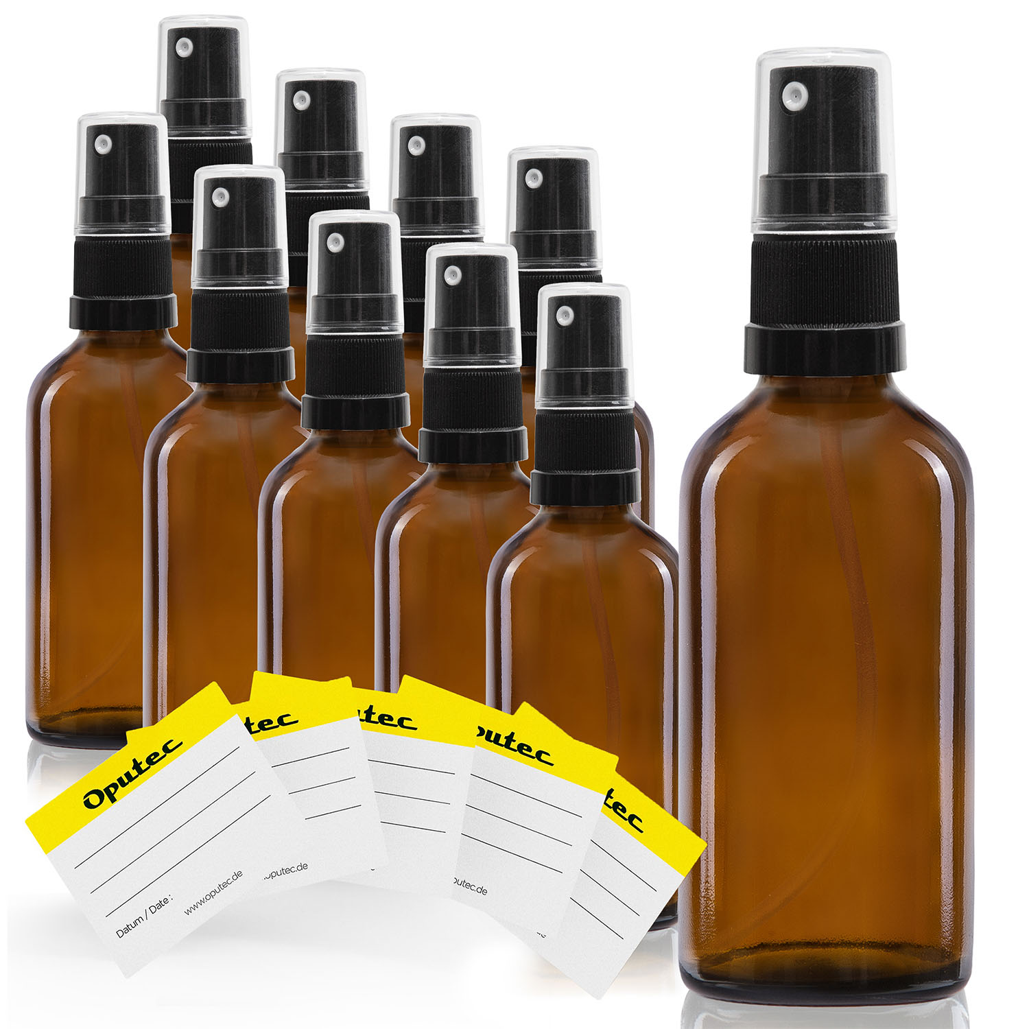 10x 30ml Sprühflasche aus Braunglas mit schwarzem Sprühaufsatz, inkl. Etiketten