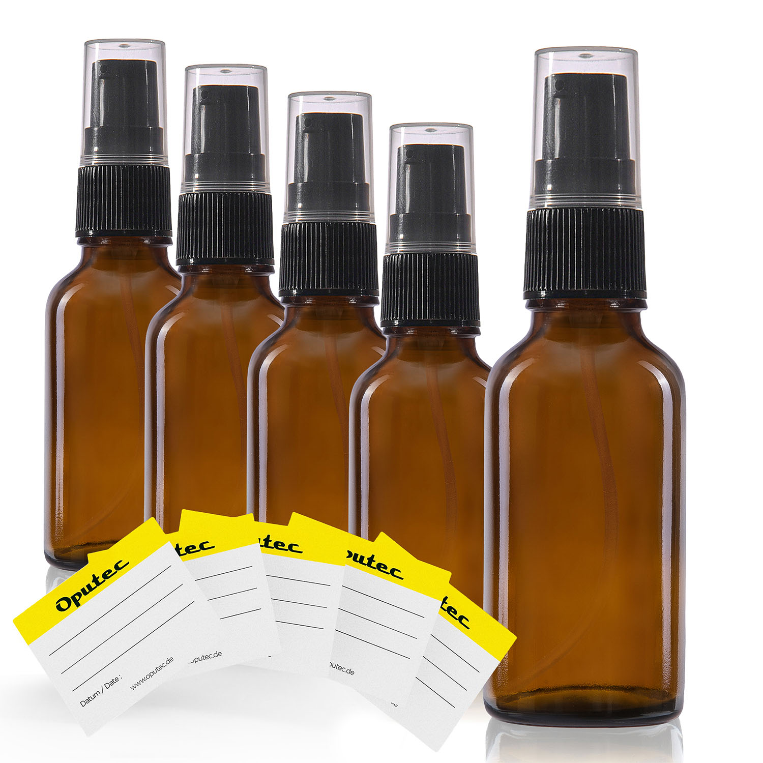 5x 30ml Pumpspender Pumpflasche aus Braunglas, Cremspender mit schwarzem Pumpkopf, inkl. Etiketten