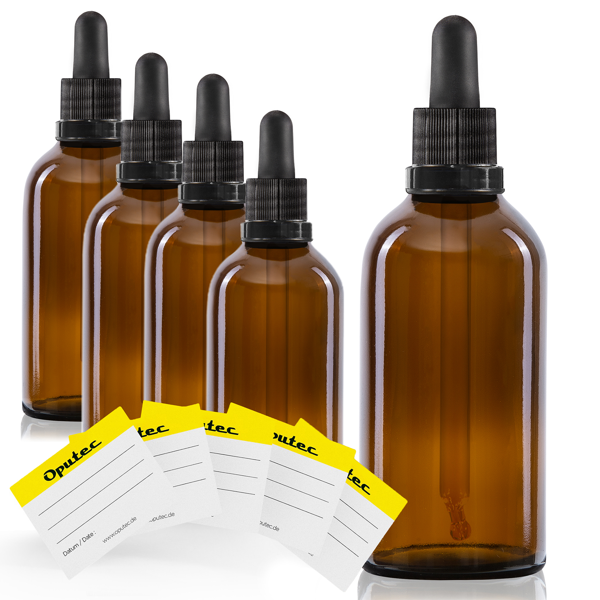 5x 100 ml Pipettenflaschen, Braunglas, mit Kugelspitze-Glaspipette und schwarzem Deckel Kopie