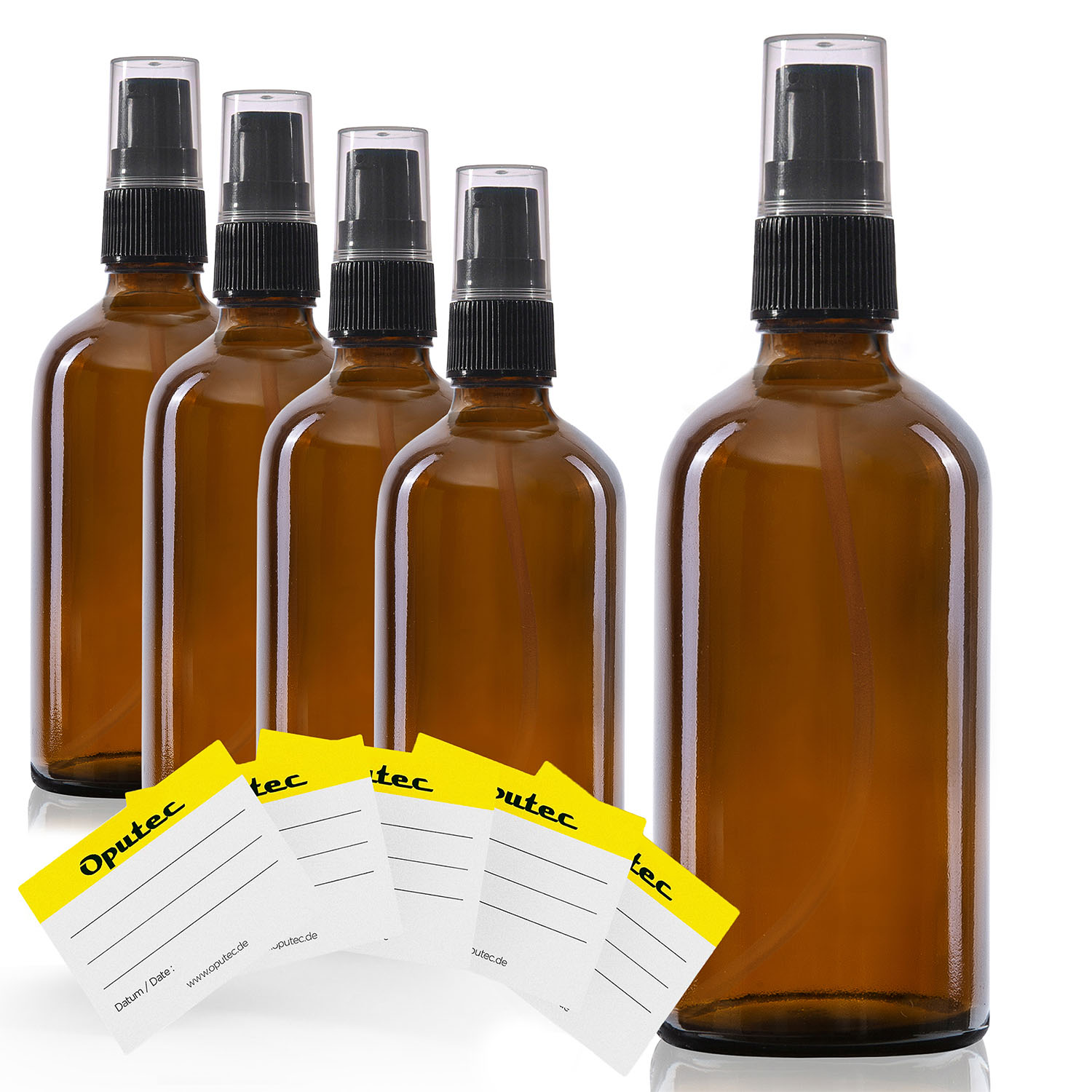 5x 100ml Pumpspender Pumpflasche aus Braunglas, Cremspender mit schwarzem Pumpkopf, inkl. Etiketten
