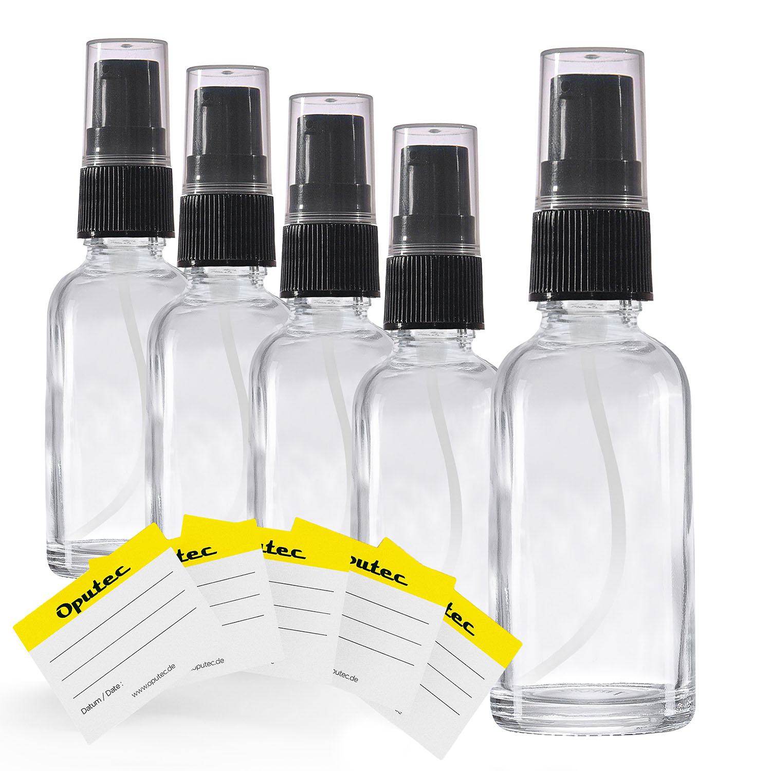 5x 30ml Pumpspender Pumpflasche aus Klarglas, Cremspender mit schwarzem Pumpkopf, inkl. Etiketten
