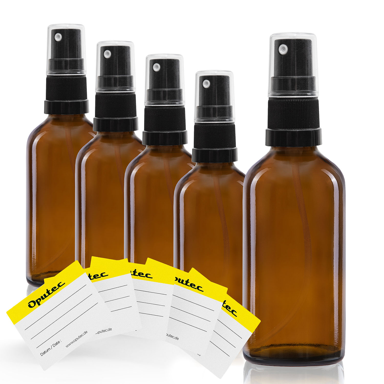 5x 30ml Sprühflasche aus Braunglas mit schwarzem Sprühaufsatz, inkl. Etiketten