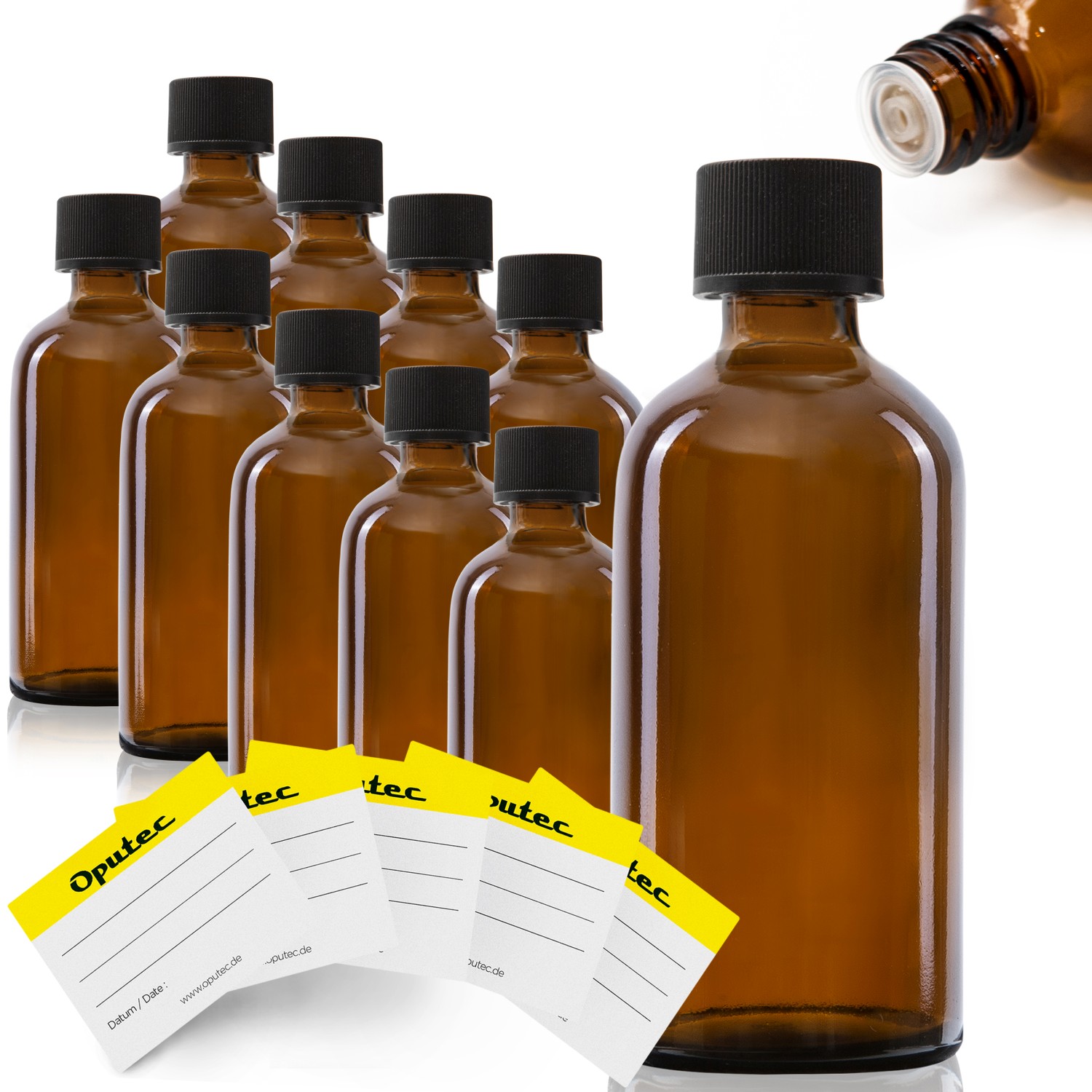 Troepflerflasche_100ml_Hauptfoto_10er_Etiektt_1500 10x 50ml Tropfflasche aus Braunglas mit Tröpflereinsatz, schwarzer Deckel