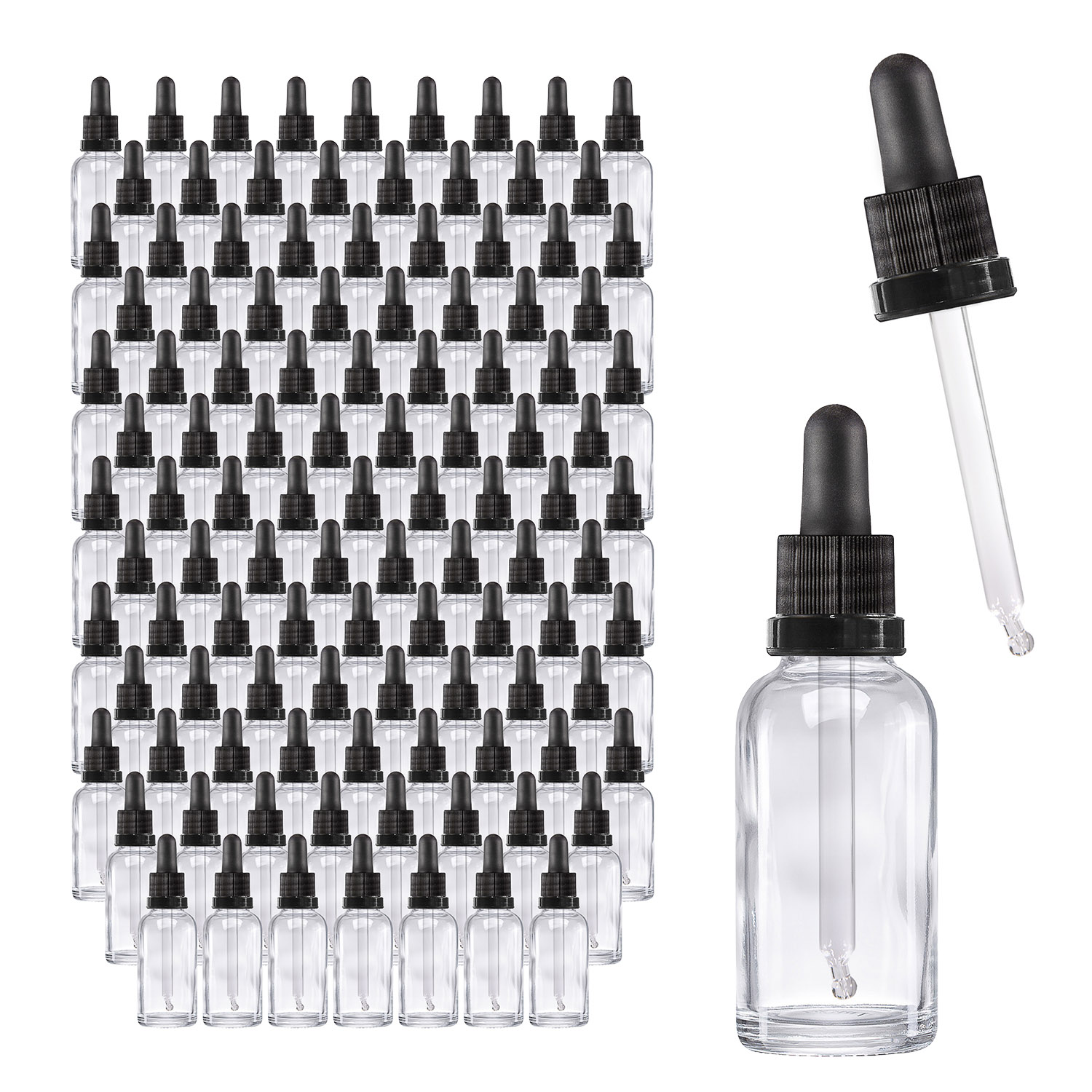 143x 30ml Pipettenflaschen, Klarglas, mit Kugelspitze-Glaspipette und schwarzem Deckel