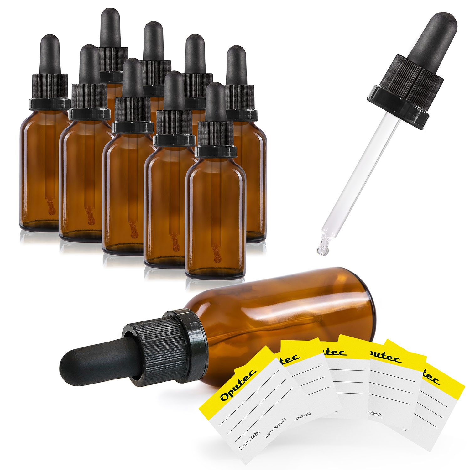10x 30 ml Pipettenflaschen, Braunglas, mit Kugelspitze-Glaspipette und schwarzem Deckel