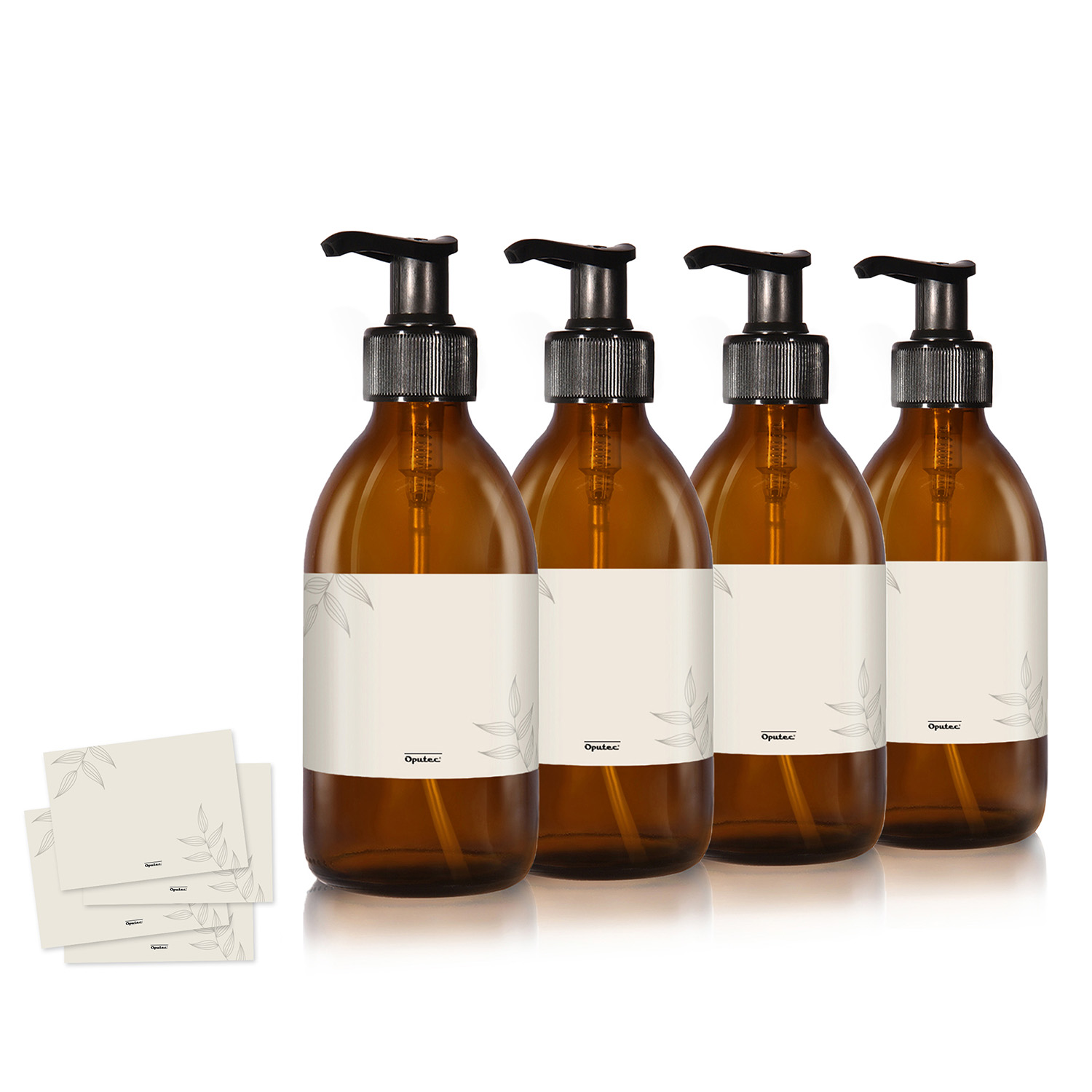 4 x 250ml Seifenspender aus Braunglas + Etiketten
