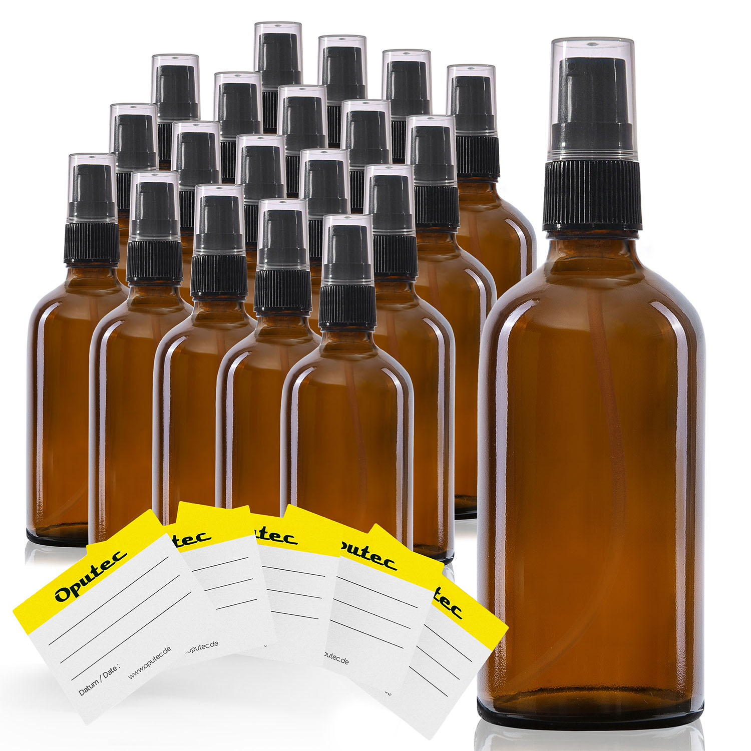 20x 100ml Pumpspender Pumpflasche aus Braunglas, Cremspender mit schwarzem Pumpkopf, inkl. Etiketten