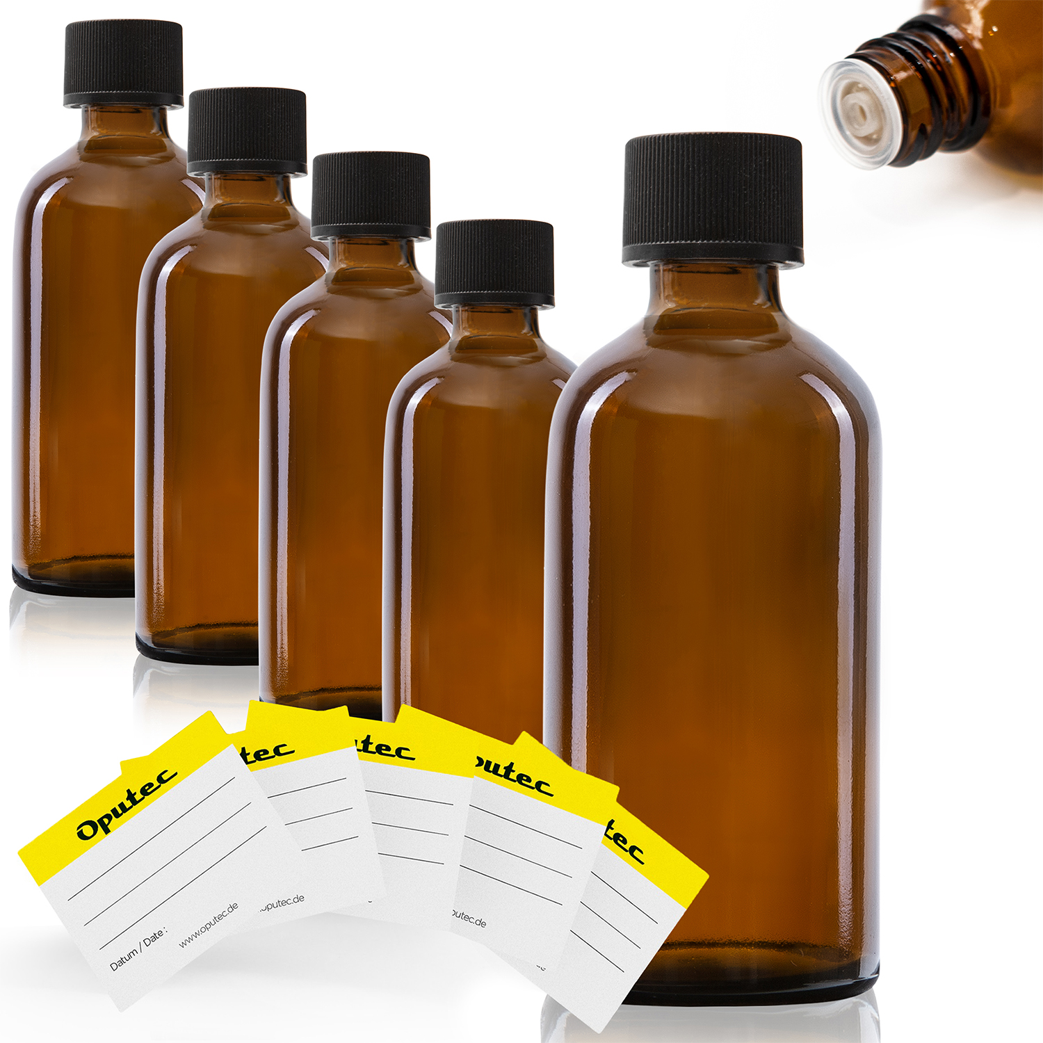 5x 100ml Tropfflasche aus Braunglas mit Tröpflereinsatz, schwarzer Deckel