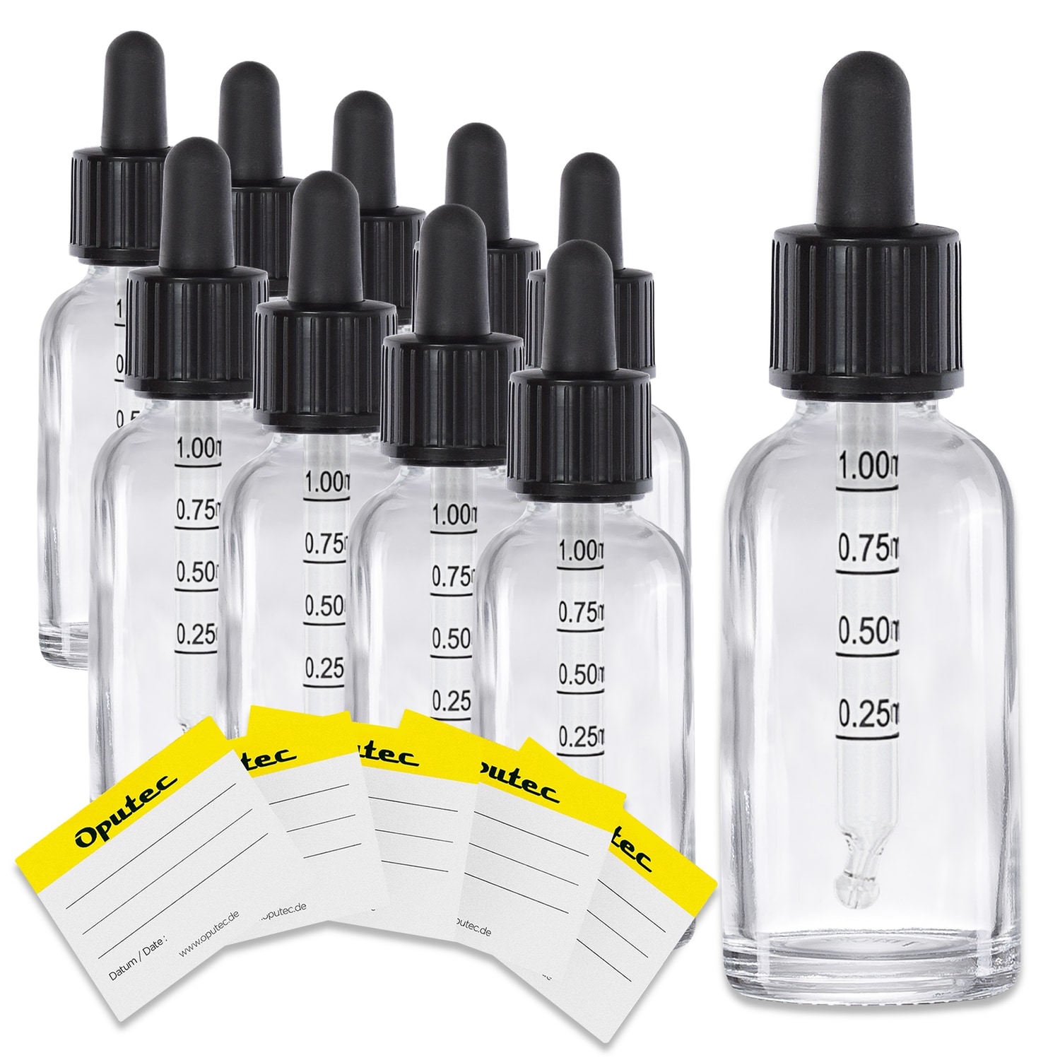 10x 30ml Pipetten-Flasche mit Glaspipette und Skala, Klarglas, schwarzer Deckel