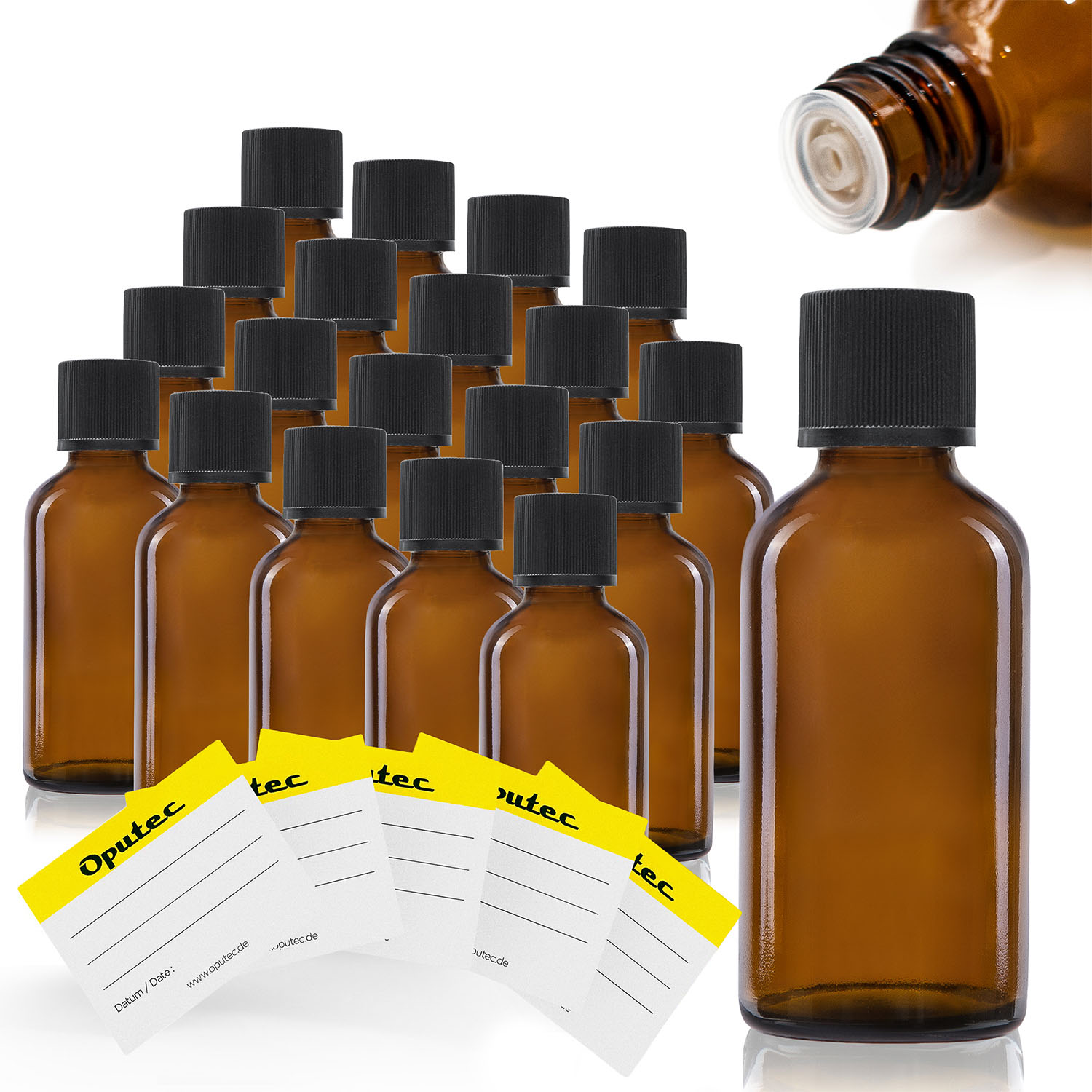 20x 30ml Tropfflasche aus Braunglas mit Tröpflereinsatz, schwarzer Deckel