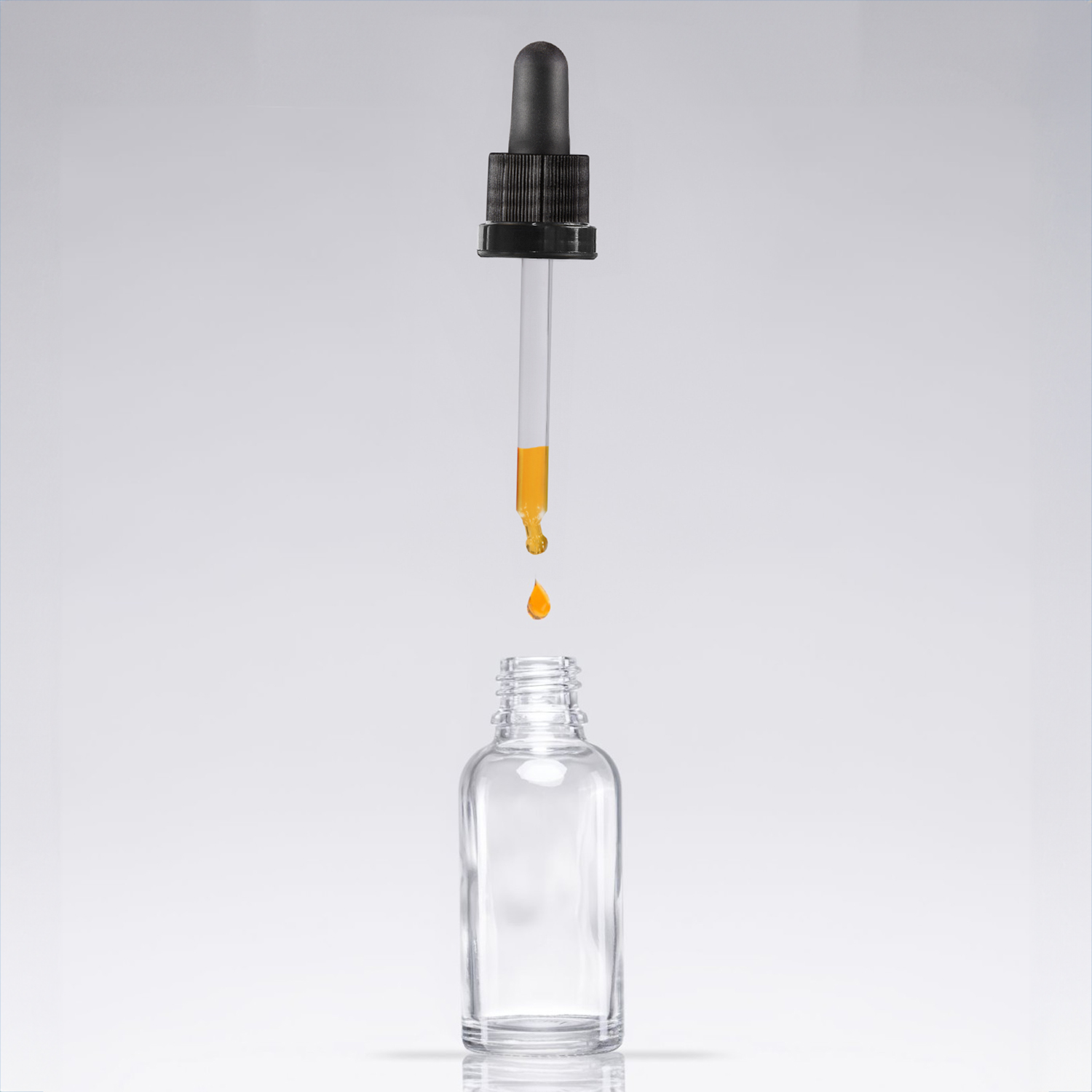 20x 30ml Pipettenflaschen, Klarglas, mit Kugelspitze-Glaspipette und schwarzem Deckel
