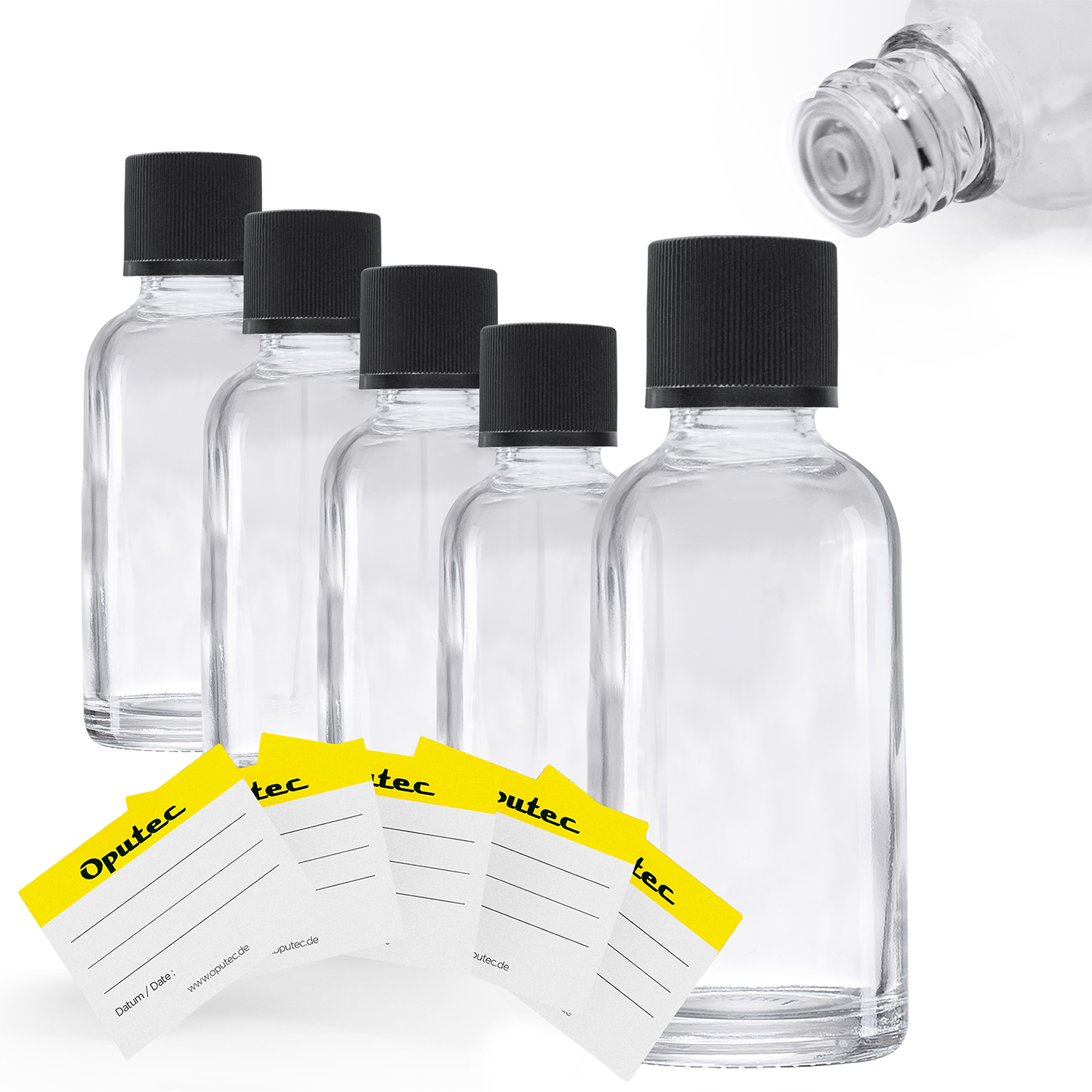 5x 30ml Tropfflasche aus Klarglas mit Tröpflereinsatz, schwarzer Deckel