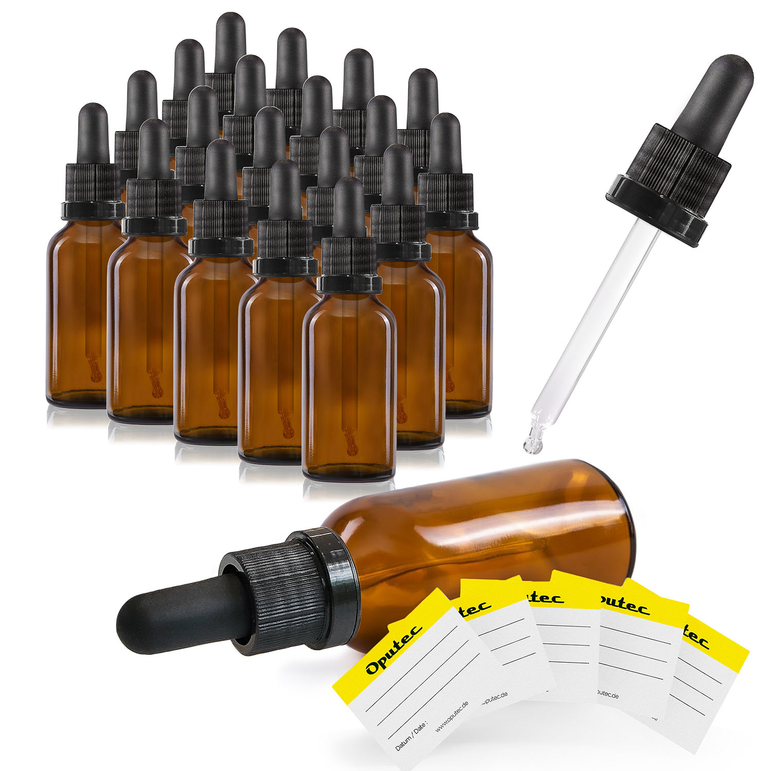 20x 30 ml Pipettenflaschen, Braunglas, mit Kugelspitze-Glaspipette und schwarzem Deckel 