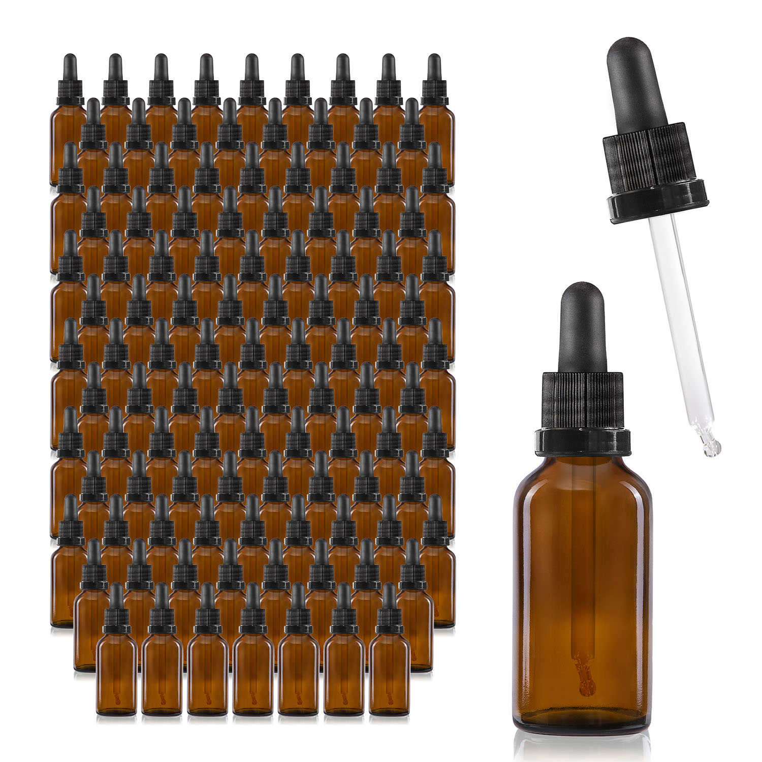 143x 30 ml Pipettenflaschen, Braunglas, mit Kugelspitze-Glaspipette und schwarzem Deckel