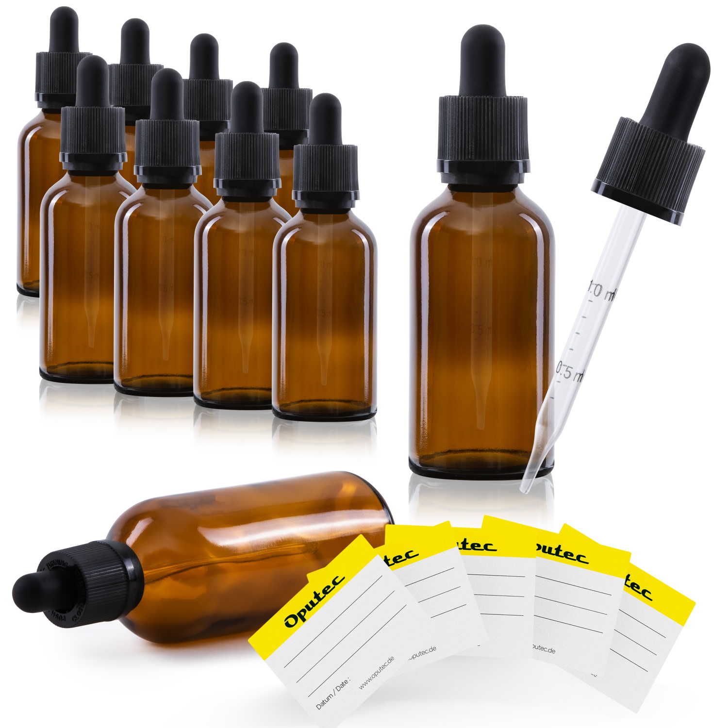 PipetteFlasche_Braun_50ml_10er_Hauptfoto_Mit_Etikett_1500 10x 50ml Pipetten-Flasche mit Glaspipette, Braunglas, schwarzer Deckel