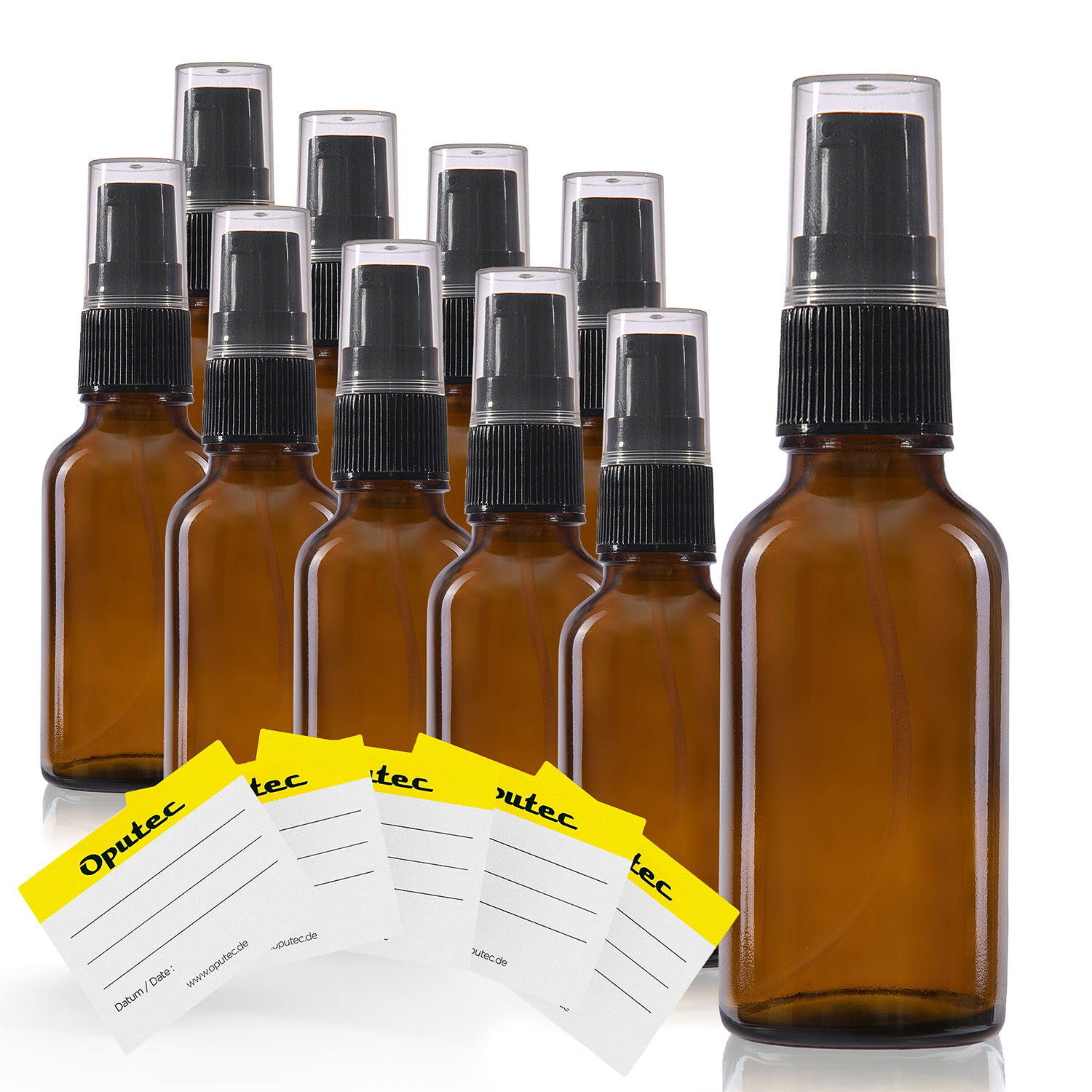 10x 30ml Pumpspender Pumpflasche aus Braunglas, Cremspender mit schwarzem Pumpkopf, inkl. Etiketten