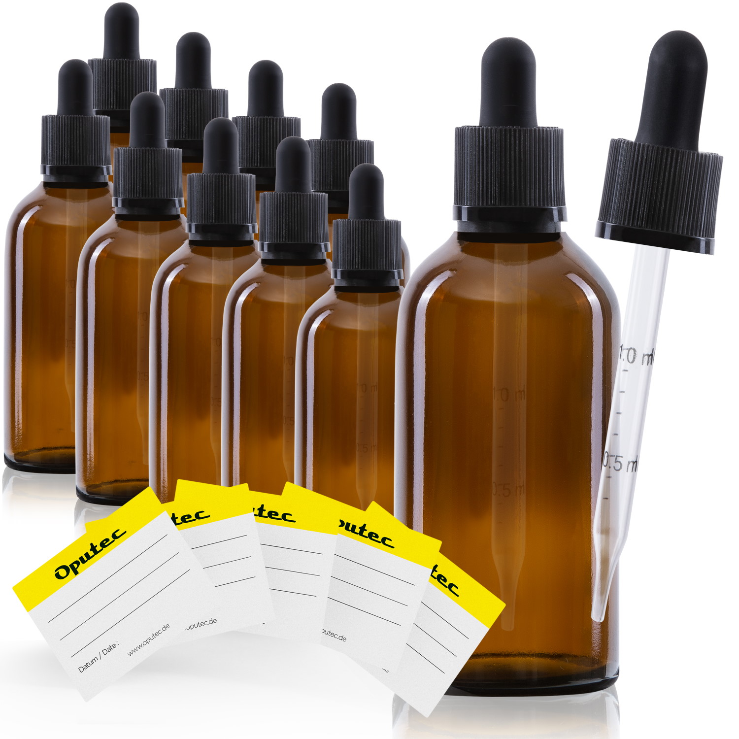 PipetteFlasche_Braun_100ml_10er_Hauptfoto_Mit_Etikett_1500 10x 100ml Pipetten-Flasche mit Glaspipette, Braunglas, schwarzer Deckel