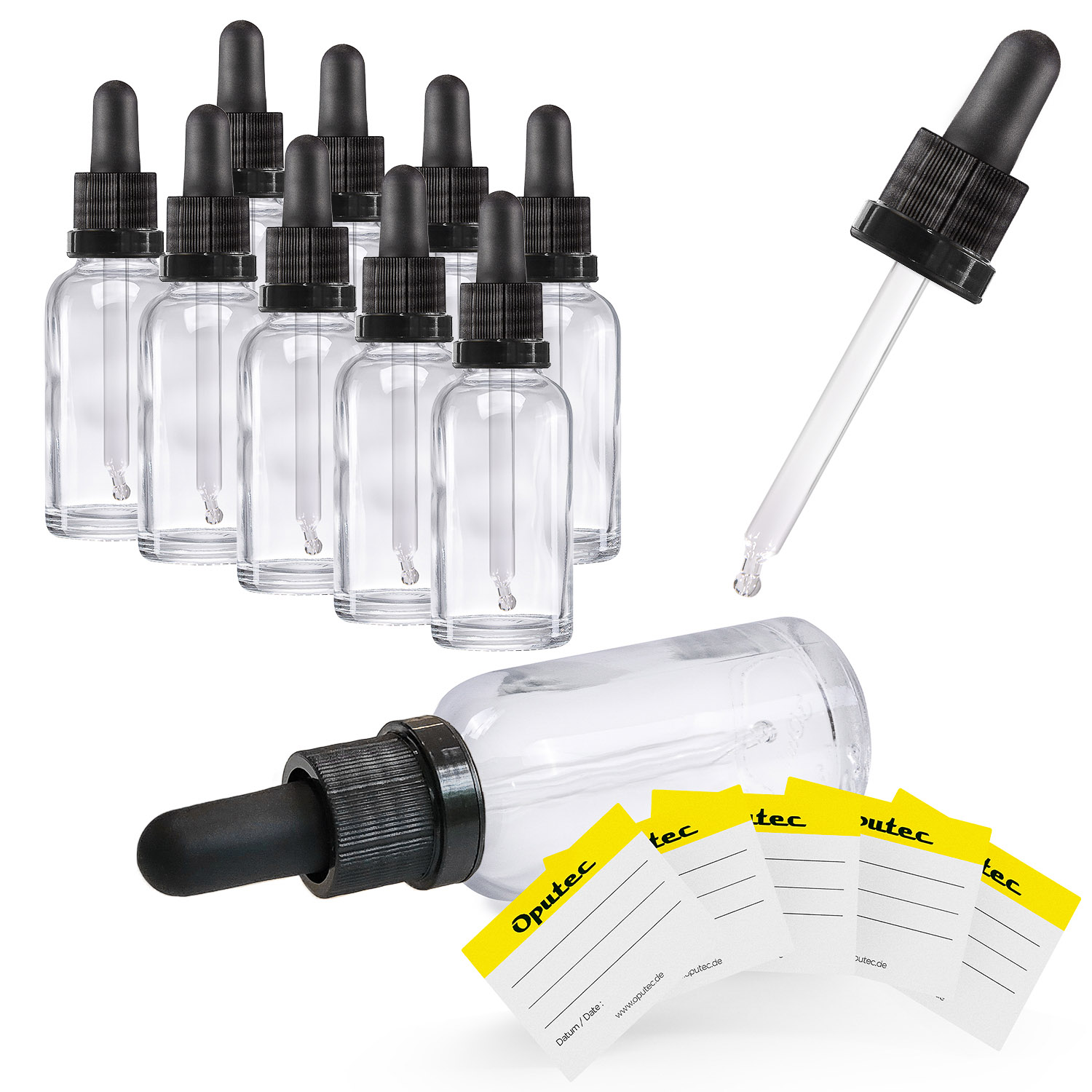 10x 30ml Pipettenflaschen, Klarglas, mit Kugelspitze-Glaspipette und schwarzem Deckel