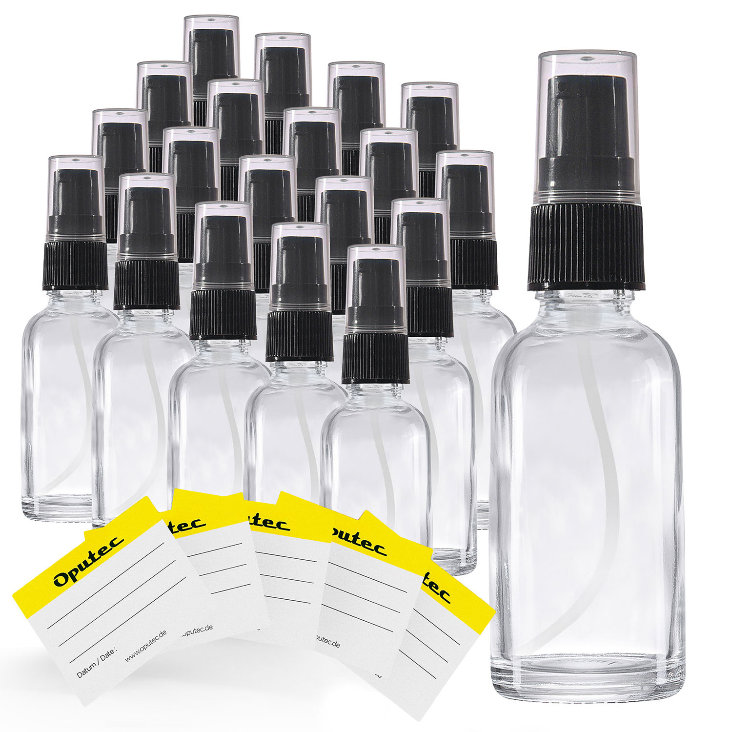 20x 30ml Pumpspender Pumpflasche aus Klarglas, Cremspender mit schwarzem Pumpkopf, inkl. Etiketten