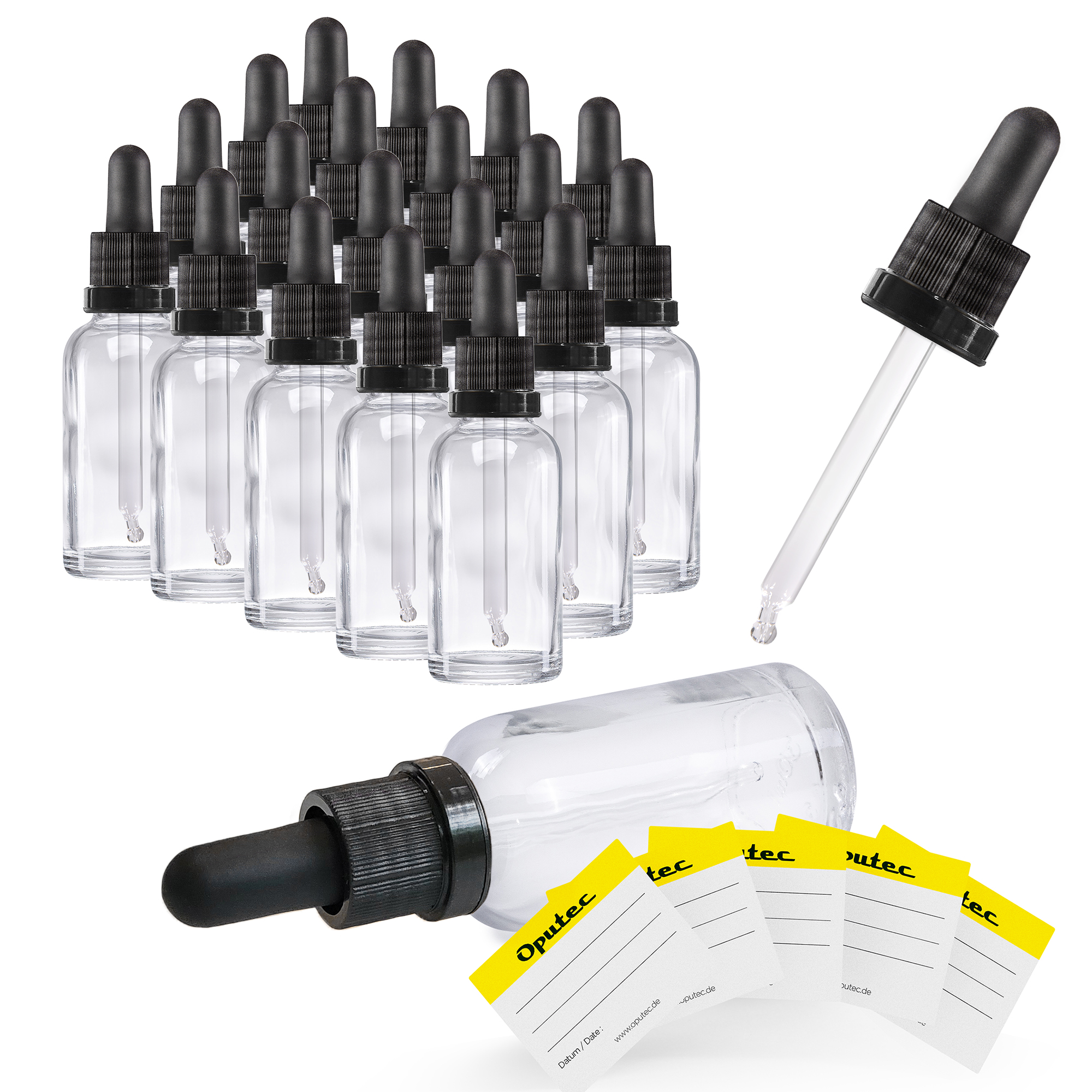 20x 30ml Pipettenflaschen, Klarglas, mit Kugelspitze-Glaspipette und schwarzem Deckel