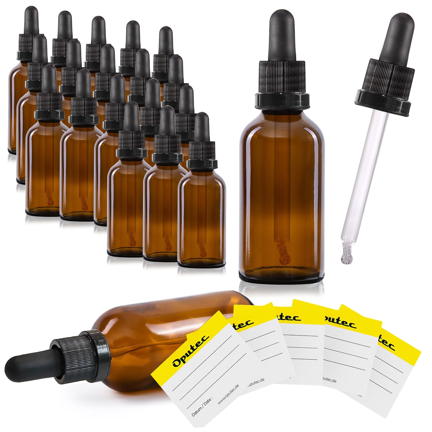 20x 50 ml Pipettenflaschen, Braunglas, mit Kugelspitze-Glaspipette und schwarzem Deckel 20x 50 ml Pipettenflaschen, Braunglas, mit Kugelspitze-Glaspipette und schwarzem Deckel