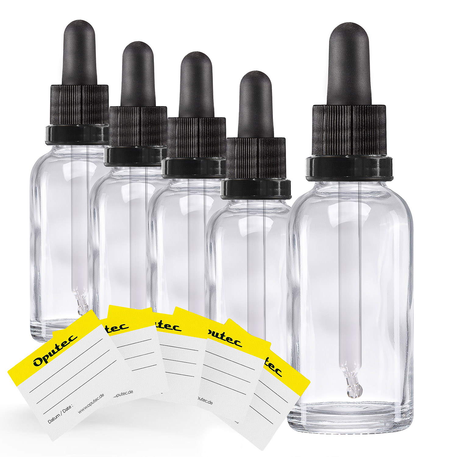 5x 30ml Pipettenflaschen, Klarglas, mit Kugelspitze-Glaspipette und schwarzem Deckel