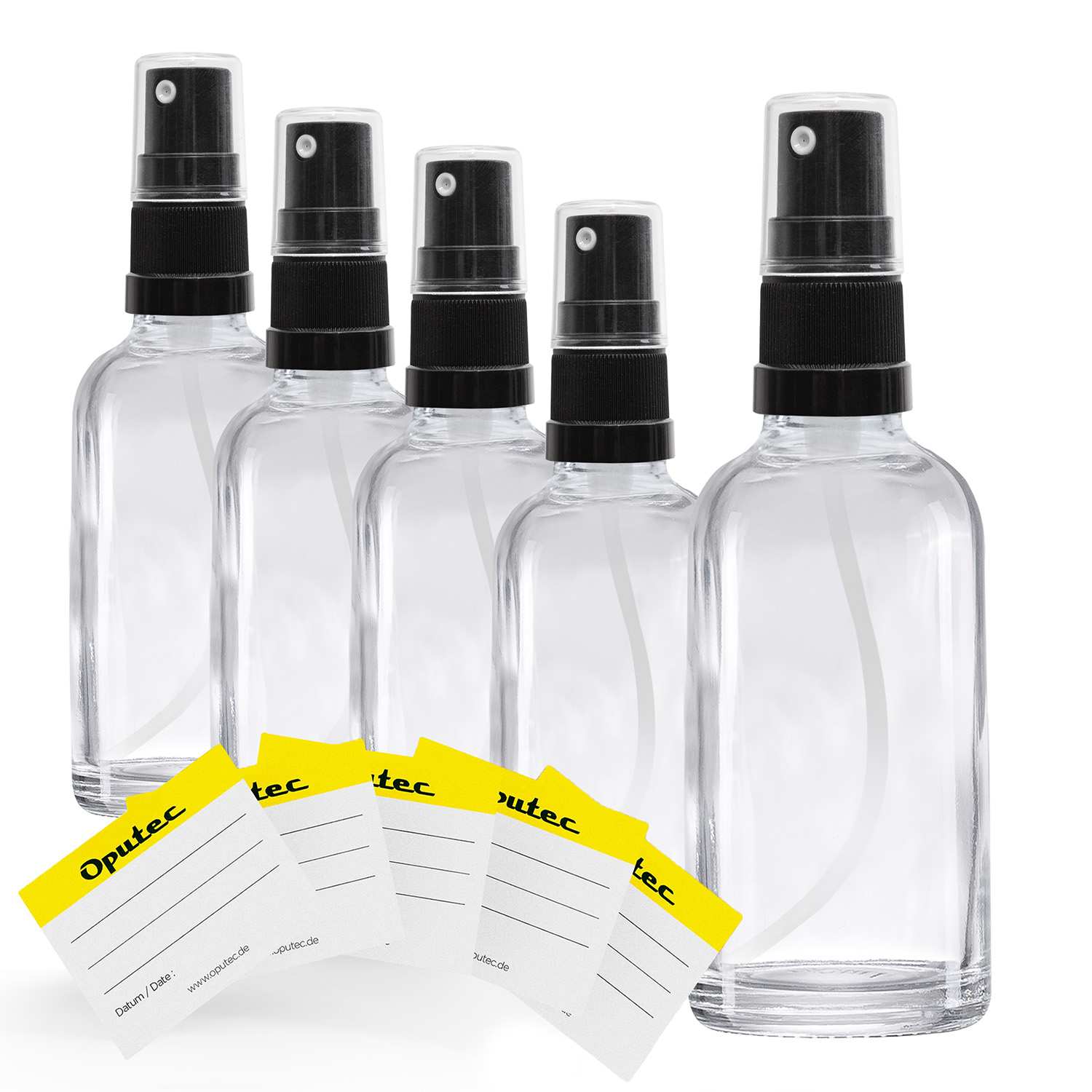 5x 30ml Sprühflasche aus Klarglas mit schwarzem Sprühaufsatz, inkl. Etiketten