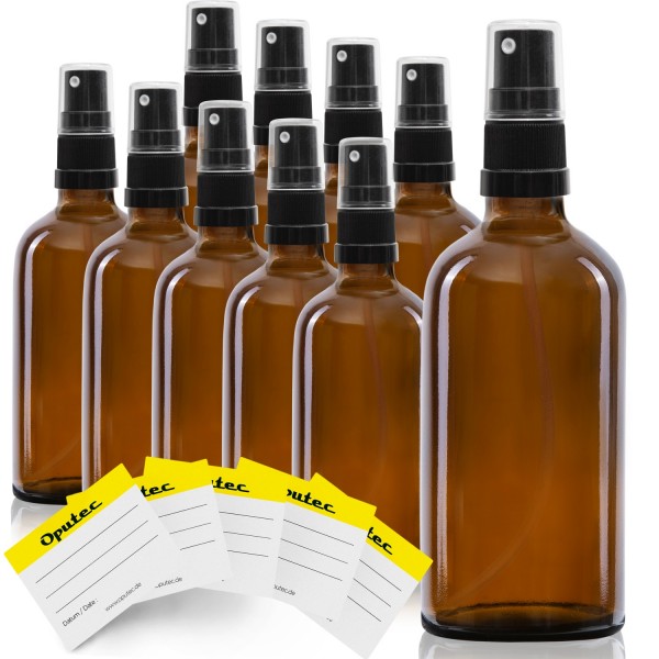 10x 100ml Sprühflasche aus Braunglas mit schwarzem Sprühaufsatz, inkl. Etiketten