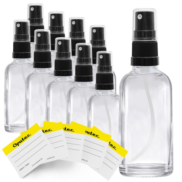 10x 30ml Sprühflasche aus Klarglas mit schwarzem Sprühaufsatz, inkl. Etiketten