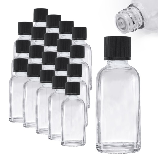 110x 30ml Tropfflasche aus Klarglas mit Tröpflereinsatz, schwarzer Deckel, Großpackung