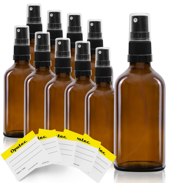 10x 50ml Sprühflasche aus Braunglas mit schwarzem Sprühaufsatz, inkl. Etiketten